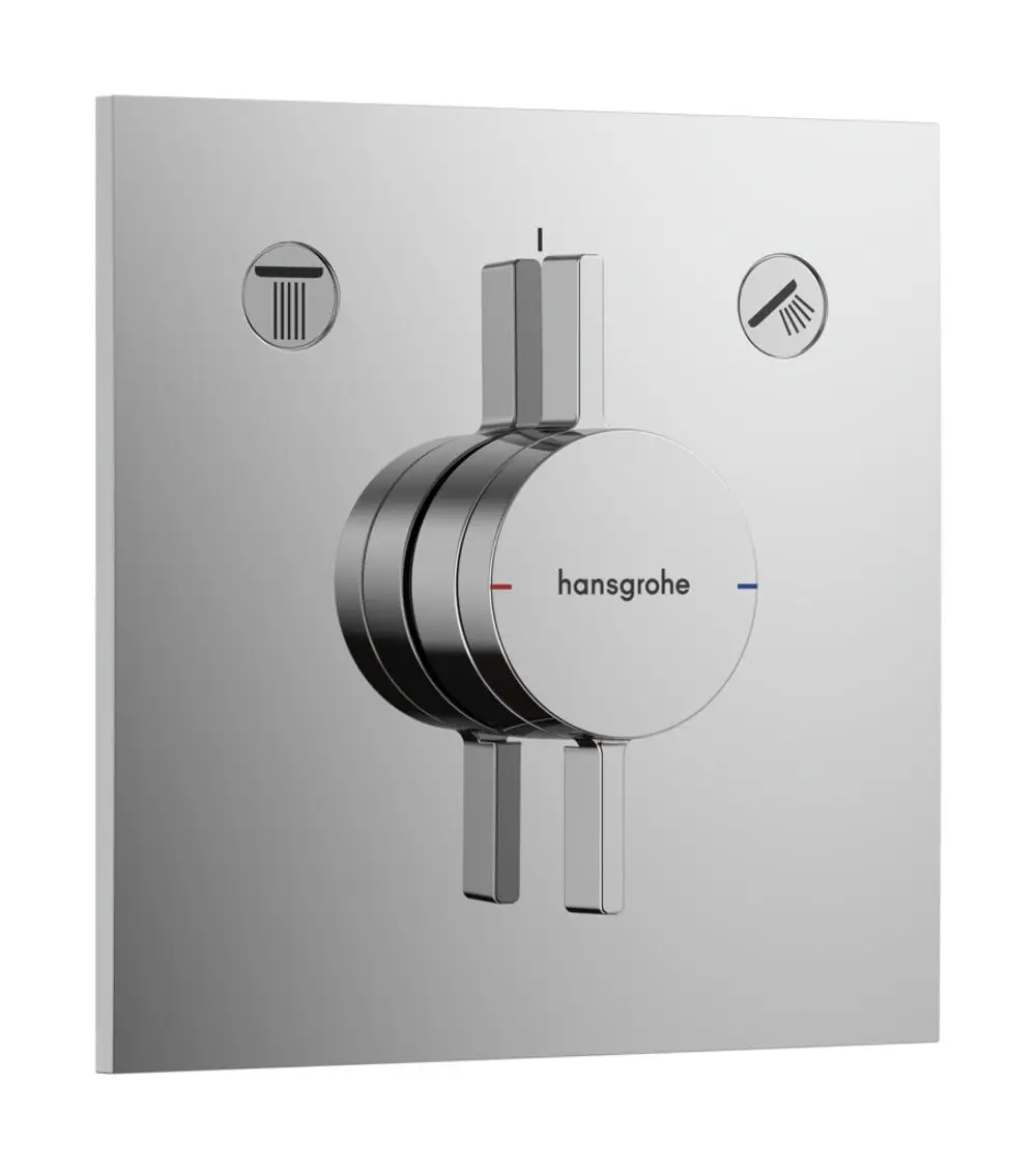 Chromfarbenes Bedienelement von Hansgrohe mit zwei Griffen und Symbolen für Dusche und Wasserabfluss auf glattem, quadratischen Untergrund.